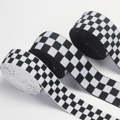 China Factory direct supply elastic ordered Multi-specification black white jacquard retro checkerboard webbing elastic band for sale