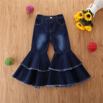 China Bell bottom pants jeans 2020 cute fashion blue washed bell bottom jeans toddler girl double layers bell pants children bottom jeans flared leg denim kids flare trousers - for sale