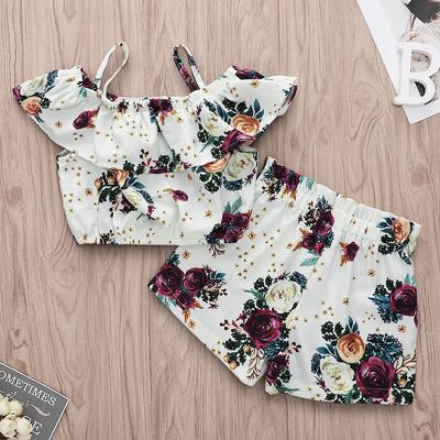 China 2020 New Arrival Summer Floral Print Baby Kids Floral Print Clothes Set Floral Print Halter Off Shoulder Tank Top Shorts Kids 2 Piece Set for sale