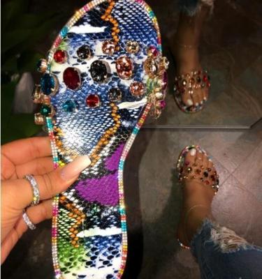 China 2020 Fashion Women's Slippers Breathable Diamond SNAKE-PRINT Soled Breathable Flat Sandals Slides Shoes Slippers for sale