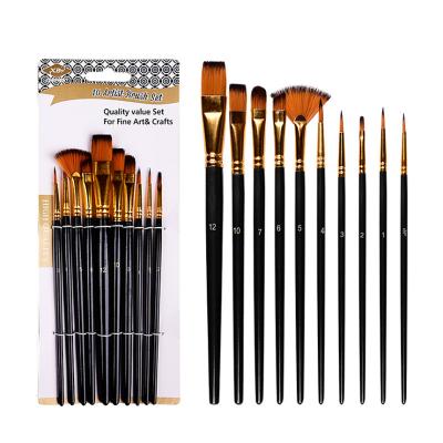 China Watercolor Plant 10 Pieces Multiply Size Wooden Handle Hair Watercolor Nylon Artist Paint Brush Set for sale