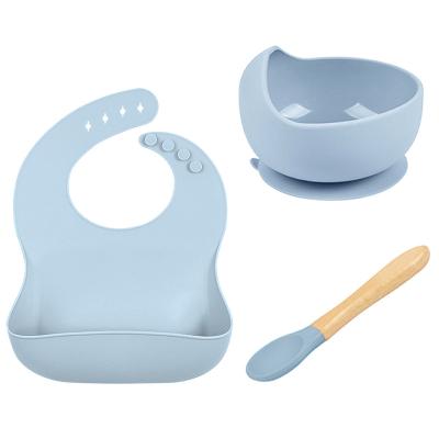 China BPA Free Wellfine Food Safe Fashion Baby Toddler Kids Feeding Set Silicone Bib Suction Bowls Wooden Spoons Eating Utensils for Children for sale