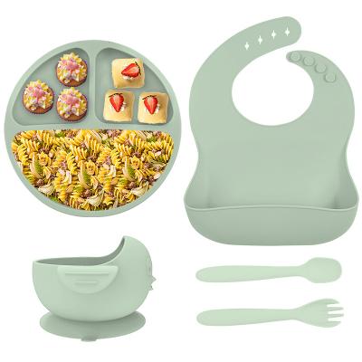 China BPA Free Food safe silicone bib Plates Bowls Spoons eating utensils for toddler fashion Baby toddler kids Feeding plate Set for sale