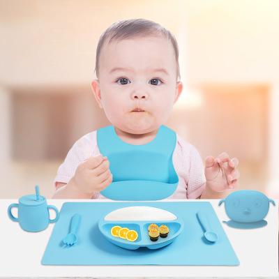 China BPA Free Bpa Free Food safe fashion Baby toddler Feeding plate Set silicone bib kids Plates Bowls Spoons eating utensils for toddler for sale