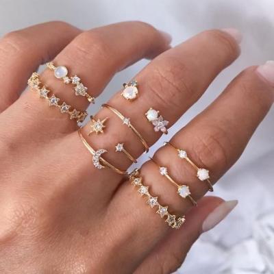 China Fashion 9 piece/ set Simple Metal Diamond Crystal Crescent Moon Opening Rings Set For Women for sale