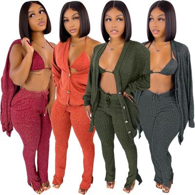 China GL6519 Fashion anti-pilling pants high quality 3 piece lounge wear women sexy knitted bra set for sale