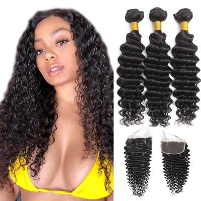 China Straight/Wave 12A Grade Deep Wave Hair Bundles Indian Curly Hair Bundles Double Drawn Virgin Hair Lace Closure for sale