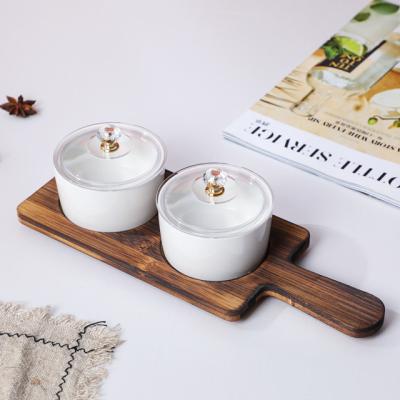 China Minimalist Ceramic Bowls With Lids With Wooden Serving Tray For Home Party 2 Pcs Set for sale