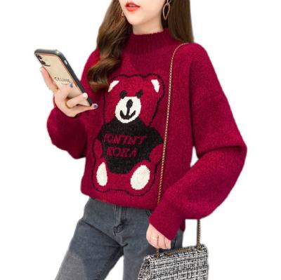 China New 2021 Softer Lovely Bear Half O Neck Sweater Women's Loose Fashion Knitted Bottom Shirt for sale