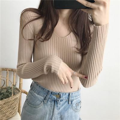 China Anti-wrinkle Autumn Long Sleeve Women Winter Wholesale Deep V-Neck Sweater Mujer Ladies Winter Long Sleeve Open Knitted Sweater for sale