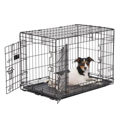 China Sustainable Double Door Folding Dog Cage Kennel, Collapsible Metal Wire Dog Crate With Tray for sale