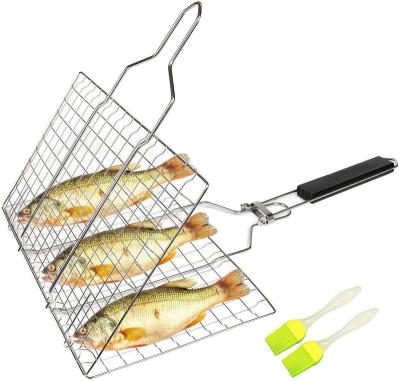 China BBQ Dustproof Folding Basket Stainless Steel Fish Flesh Handle Vegetable Wood Grill Net for sale