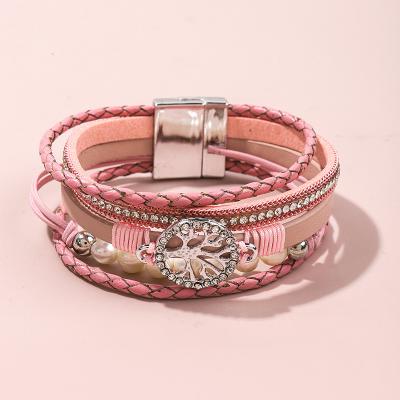 China Environmental Friendly Circle Rose Tree New Arrival Multilayer Zircon Jewelry Beaded Leather Bracelets For Men And Women for sale