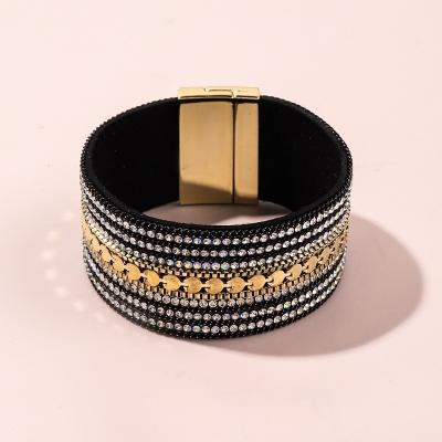 China Vintage Bohemia Zircon Trendy Eco Friendly Black And Gold Heart Leather Bracelets Women for sale