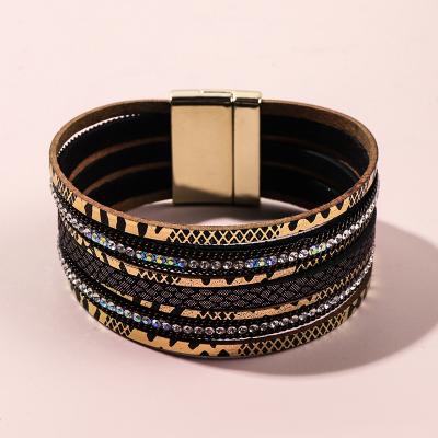 China Environmental Friendly Fashion Black And Gold Multilayer Zircon Fine Jewelry Bangle Clasp For Real Leather Wristband for sale