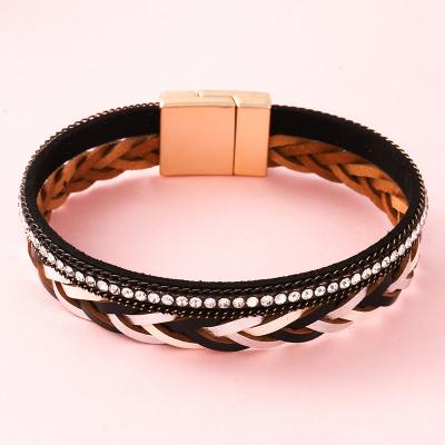 China Environmentally Friendly Vintage Twist Leather Bracelet Men Multilayer Black And White Fancy Braided Leather Bracelet For Women for sale