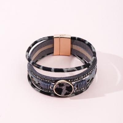 China Latest Fashion Jewelry Environmental Friendly Bracelets Dark Gray Leopard Wrap Leather Bracelets For Women for sale