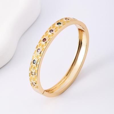 China Waterproof Stylish Designer Charms Cuff Bracelets Drop Zirconia Glazed Plated Copper Bracelet For Exquisite Gift for sale