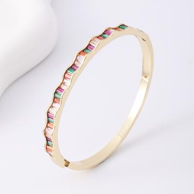 China Rainbow Design Color Waterproof Lucky Curved Zircon Inlaid Real Bangle Adjustable Gold Plated Hand Bangle Set For Women 2023 for sale