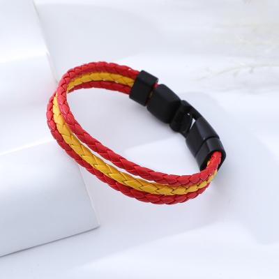 China Red and Yellow Woven Leather Bracelet Casual/Sporty Fashion True Leather Fitness Bracelets Cuff for Man and Women Unisex for sale