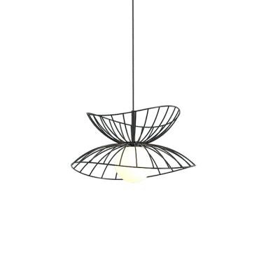 China Industrial Modern Straw Hat Chandelier Wire Cage Gold Pendant Lamp For Living Room for sale