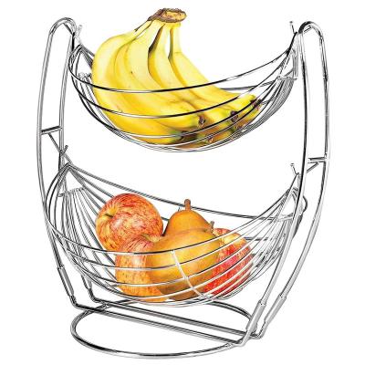 China Sustainable Metal Double Hammock Fresh Fruit Wire Basket 2-Tier Storage Rack Display Rack for sale