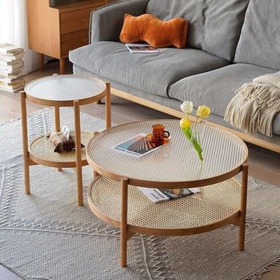 China (Size) SWT Nordic Handmade Adjustable Rattan Side Table Center Solid Wood Glass Coffee Table for sale