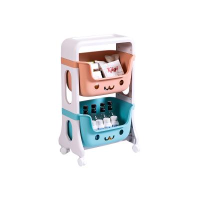 China Children 2 Tier Kids Toy Snack Plastic Sustainable Storage Shelf Movable Storage Rack for sale