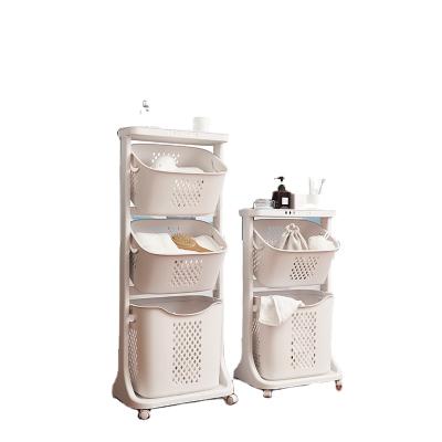 China Durable 3 Layer Plastic Bathroom Clothes Storage Rack Sundries Dirty Laundry Basket With Wheels for sale