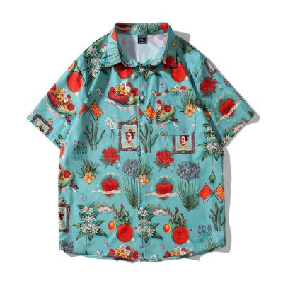 China Vacation Breathable Button Beach Streetwear Harajuku Cropped Sleeve Tops, Retro Flowers Print Hawaiian Vintage Hip Hop Embroidery Shirts for sale