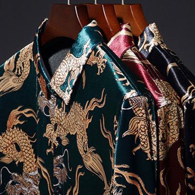 China Breathable Shirt Dress Floral Jacquard Velvet Dress Shirt For Men, Gold Velvet Men Fashion Long Sleeve Shirt for sale