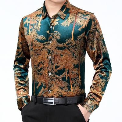 China Breathable Men's Comfortable Social Casual Shirt Male, Fashion Gold Print Men's Velvet Green Velvet Dress Shirts for sale