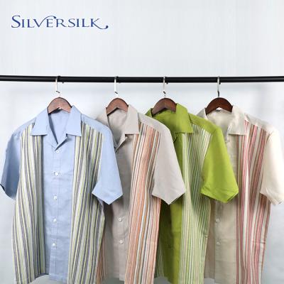 China Custom Anti-pilling Yarn Dyed Stripe Fashion Rayon Casual Canvas Mens Short Sleeve Shirts for sale