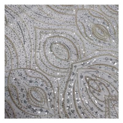 China Hot Sale White French Crystal Shiny Sequins Breathable With Beads And Lace Embroidered Wedding Dress Fabric for sale