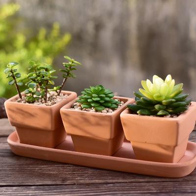 China Breathable Square Terracotta Pot Set Of Three Simple Terracotta Flower Pot Bonsai Planters With Tray for sale