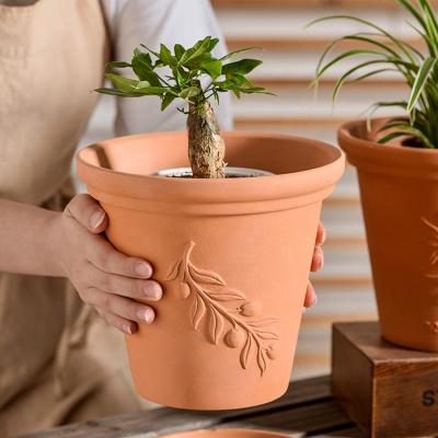 China Ceramic Succulent Pots Large Clay Terracotta Breathable Natural Color Embossed Design Pots for sale