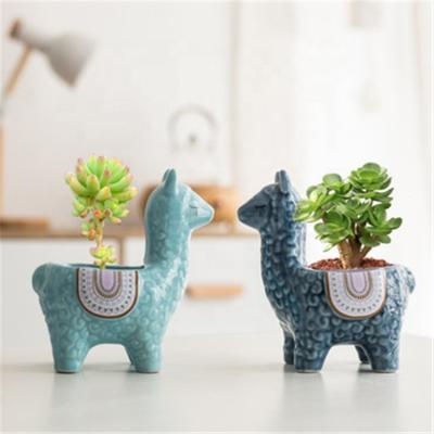 China Cute Cartoon Alpaca Shape Home Decor Mini Ceramic Succulent Planters Animal Planter for sale