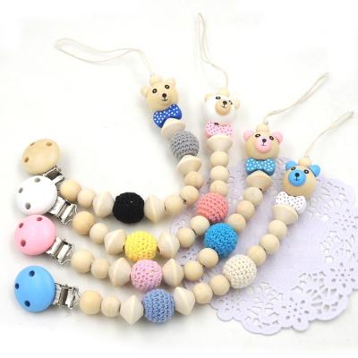 China Chain Free Bear Pacifier BPA Baby Clip Round Wooden Hook Beads Tiny Rod Dummy Clips Baby Pacifier Holder for sale