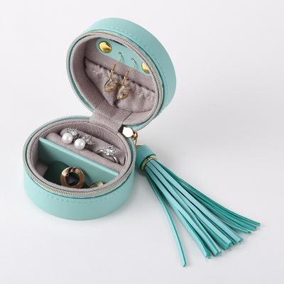 China PU Leather Jewelry Packaging Box Customized Round PU Leather Zipper Necklace Earrings and Earring Stud Storage Box for sale