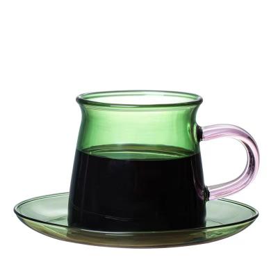 China Sustainable Wholesale high borosilicate heat resistant color belt put glass coffee cup, milk cup cup set coffee set for sale