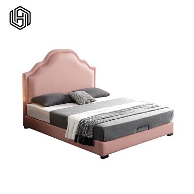 China New HUIJUYOUPIN Strong Practicability Bedroom Bed Pink Velvet Bed Fabric Platform Bed for sale