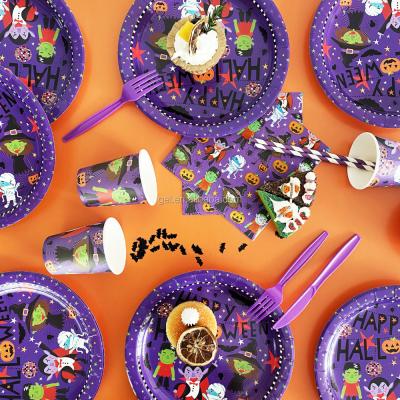 China Disposable Halloween Tableware Disposable Paper Plates, Cup, Napkin, Straws, Plastic Cutlery Set For Party Supplies for sale