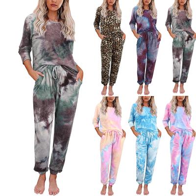 China European and American breathable autumn and winter tie-dyed printed long and short-sleeved pants split pajamas for sale