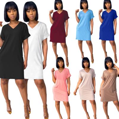 China Breathable Solid Loose Oversized Pocket V-Neck Summer Women's Casual T-Shirt Dress for sale