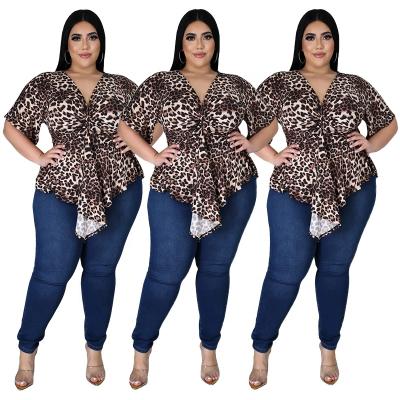 China Fashion Breathable Casual Leopard Pattern Deep V-Neck Blouse Plus Size Women T-shirts for sale