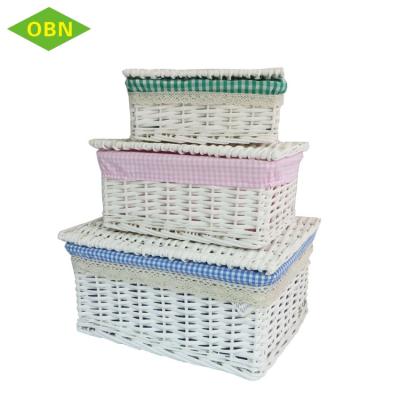 China Sustainable Cheap Sets Of Storage 3 White Rectangular Wicker Basket With Lid for sale