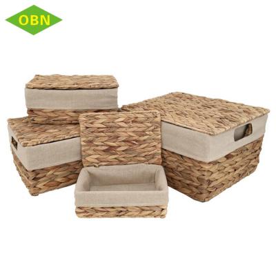 China Sustainable Wholesale Customized Handmade Household Water Hyacinth Basket With Lid For Storage for sale