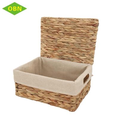 China Natural Straw 4 Water Hyacinth Classic Woven Basket Sustainable Household Set With Cover Lining for sale