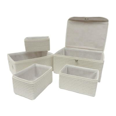 China 5 PP Straw Storage Basket Box Sustainable Household White Handmade Set With Lid With PU Handle for sale