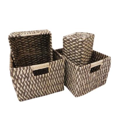 China Custom Sustainable Home Straw Woven Rope Storage Handmade Paper Shallow Basket for sale